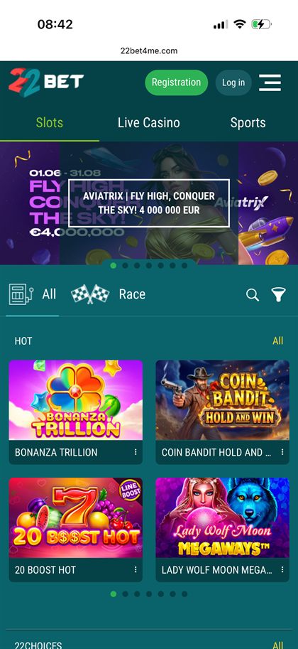 22BET homepage as served to players in Ireland, showing the promotions carousel rather than a welcome bonus