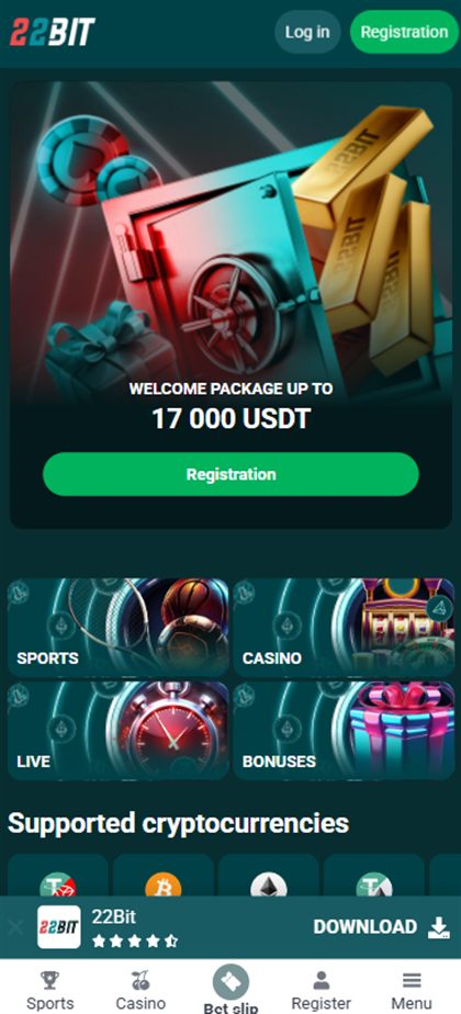 22bit crypto casino mobile lobby as served to players in Ireland