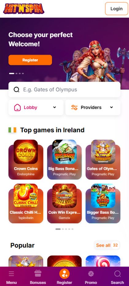 HitnSpin homepage as served to players in Ireland, showing the welcome package carousel