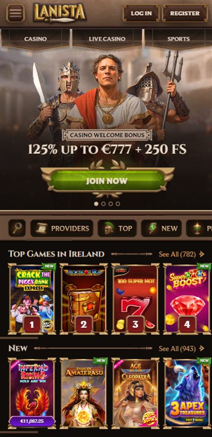 Lanista mobile casino as served to players in Ireland, showing the Top Games in Ireland shelf