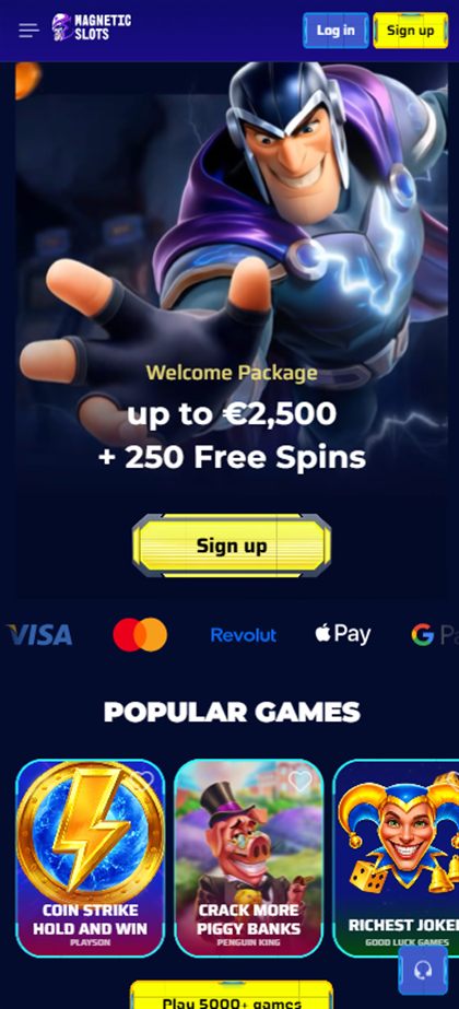MagneticSlots mobile lobby as served to players in Ireland, showing Revolut among the payment logos