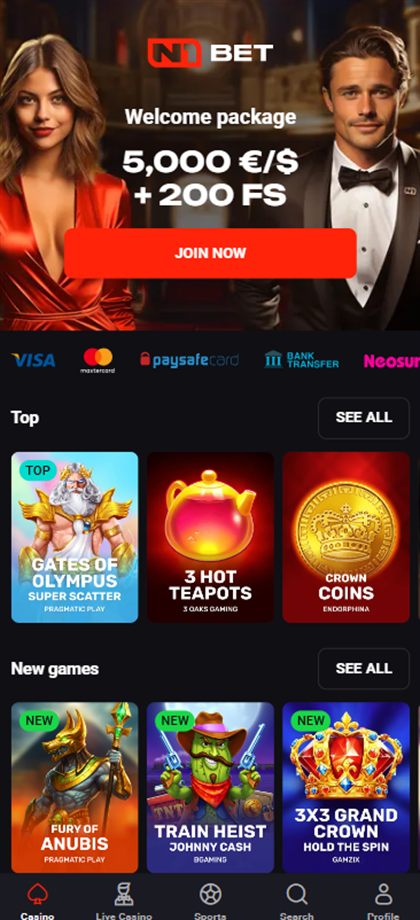N1 Bet mobile casino lobby as served to players in Ireland