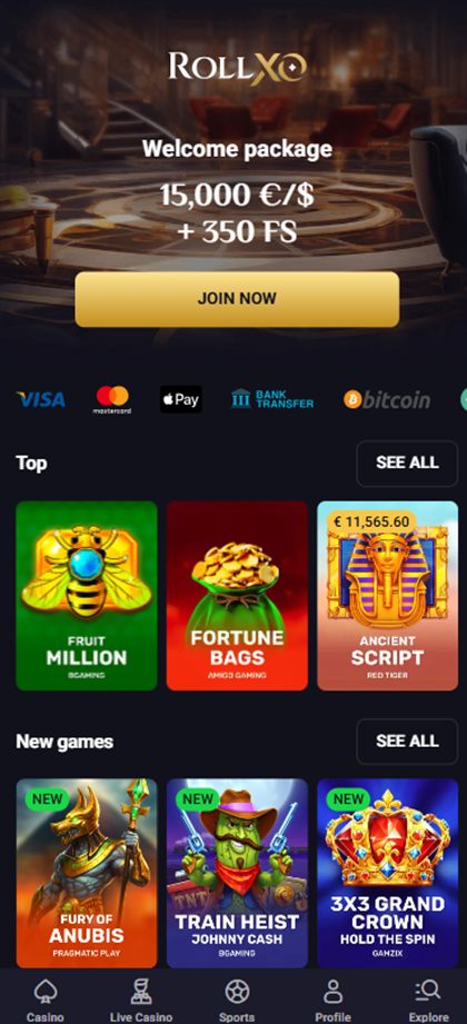 RollXO mobile casino lobby as served to players in Ireland